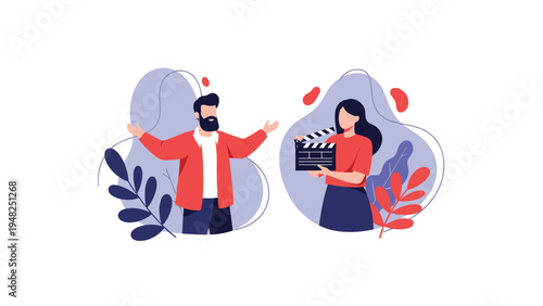 Film production crew members featuring a director and an assistant with a clapperboard on a stylized background.