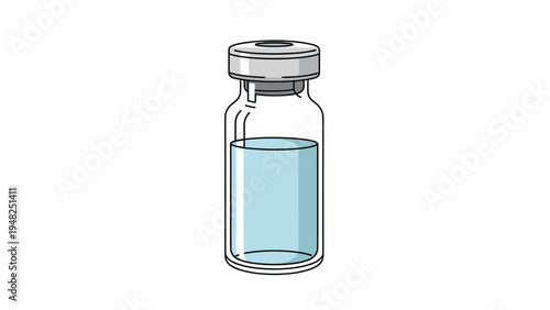 Pharmaceutical glass vial filled with clear blue vaccine liquid and sealed with a metal cap for medical clinic use.