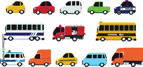 Colorful vehicle icon set with car bus taxi ambulance police car fire truck and delivery truck flat vector transportation illustration isolated on white background