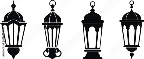 Islamic lantern silhouette set Ramadan decorative Arabic lamps traditional Middle Eastern hanging lantern collection for Ramadan Kareem festival design isolated vector
