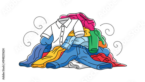 Large disorganized heap of colorful clothes like shirts and jeans illustrating a laundry day or a messy bedroom.