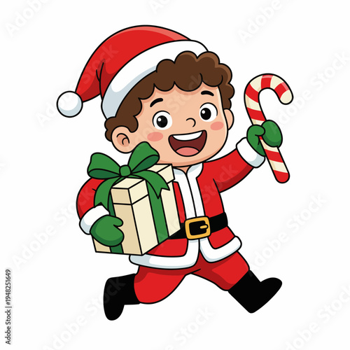 This festive image showcases a joyful child in a Santa costume, happily holding a present and candy cane, capturing the essence of Christmas spirit and childhood joy.