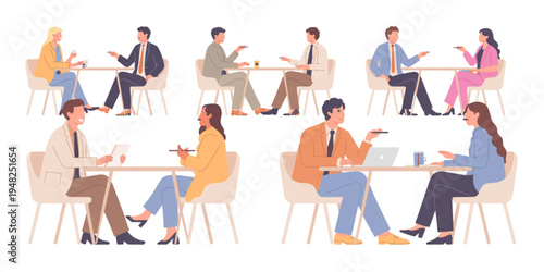 A vector graphic illustration of business professionals sitting at tables in a modern cafe or restaurant setting