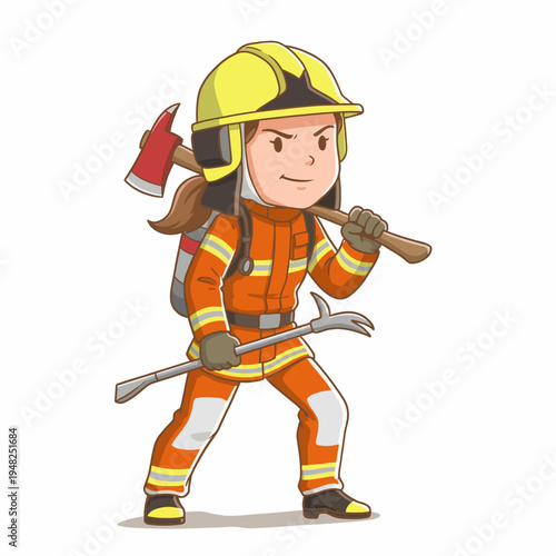 A heroic cartoon firefighter, equipped with essential tools like an axe and a crowbar, showcasing bravery and readiness to tackle firefighting challenges.