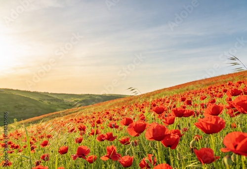Golden sun illuminates vast poppy field stretching across rolling green hills