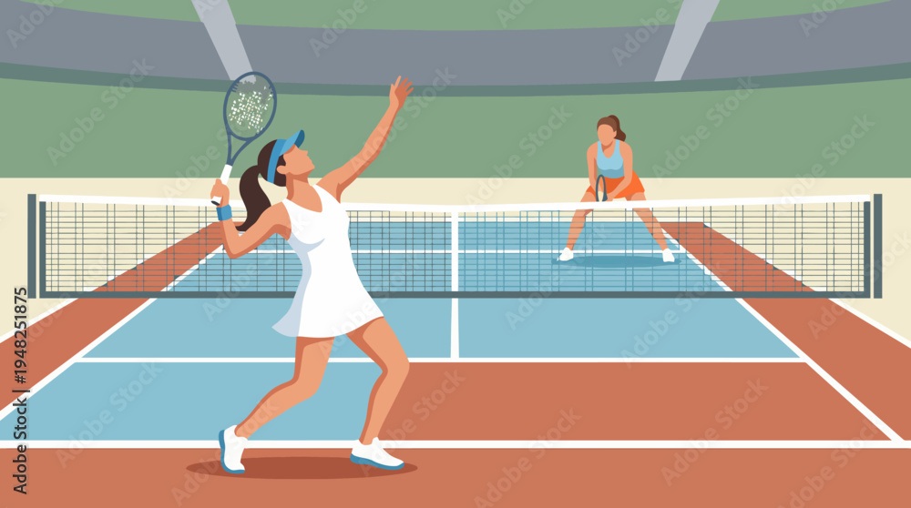 Fototapeta premium An illustration of two women engaged in a lively tennis match, showcasing athleticism and competition, ideal for sports, fitness, and active lifestyle themes.