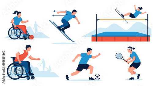 Diverse set of athletes practicing different sports including wheelchair basketball, skiing, tennis, and high jump.