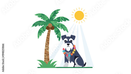 Small black dog wearing a tropical flower garland sitting under a palm tree on a sunny white beach summer day.