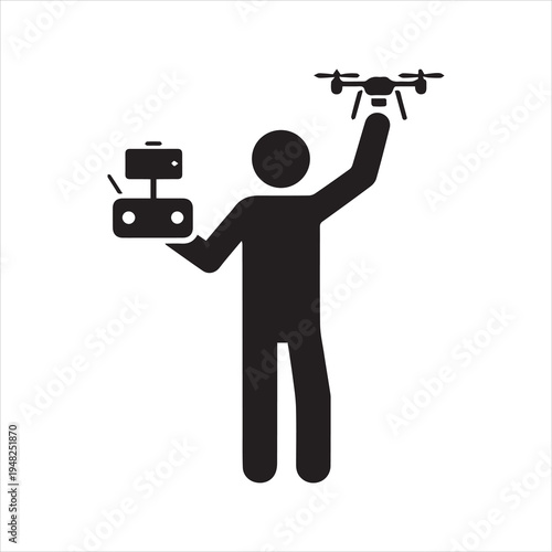 Black silhouette icon of a person holding a drone and remote controller
