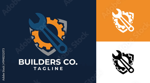 A dynamic logo showcasing a wrench and gear in a modern style, symbolizing construction and building services, creativity, and professionalism in the industry.