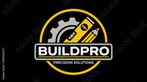 A modern logo design featuring a level, pencil, and gear, representing craftsmanship and precision in building solutions showcasing professionalism and innovation.