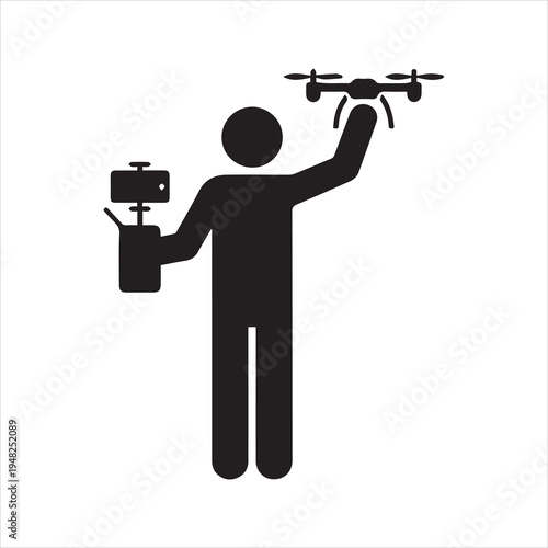 Black silhouette icon of a person holding a drone and remote controller
