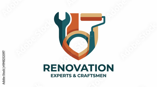 An innovative logo representing renovation expertise with tools and a shield, emphasizing protection, quality craftsmanship, and services offered in the construction industry.