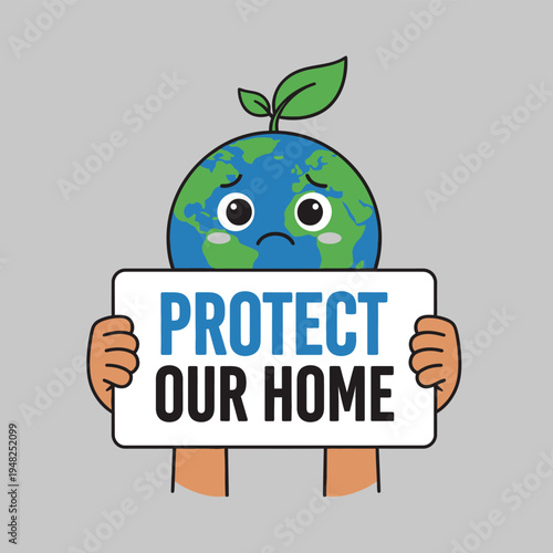 Sad Earth Cartoon Character Holding Sign.