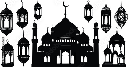 Islamic Ramadan silhouette set with mosque lanterns crescent moon and Arabic architecture traditional Muslim religious symbols vector illustration isolated on white background