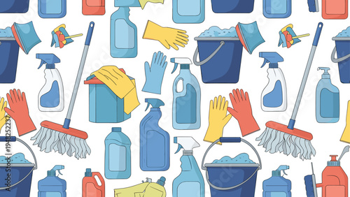 Comprehensive pattern of home cleaning supplies including spray bottles, mops, buckets, and protective rubber gloves.