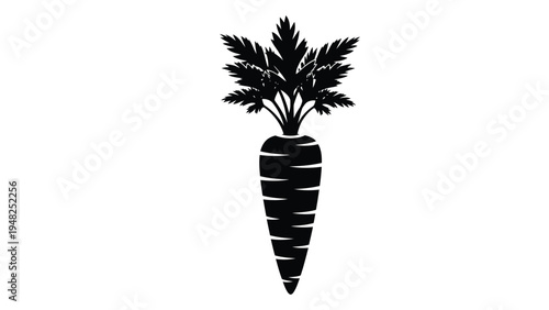 A black silhouette illustration of a carrot with leafy greens on top against a white background, representing a simple yet iconic vegetable often used in culinary and artistic contexts.