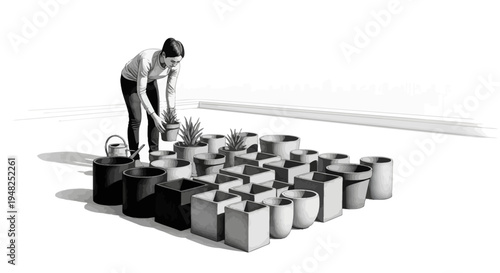 Woman tending to a collection of potted plants and gardening supplies.