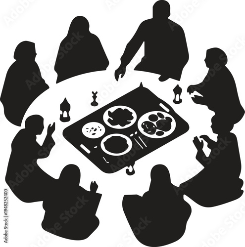Muslim family praying before iftar meal during Ramadan silhouette illustration people sitting around table with traditional food Islamic prayer gathering isolated background