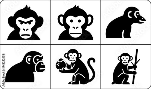 A collection of monkey silhouettes showcasing different emotions and activities, including a monkey with its baby and a monkey holding a stick.