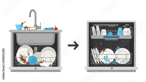 Comparison illustration showing a sink full of dirty dishes on the left and a dishwasher with clean plates on the right.