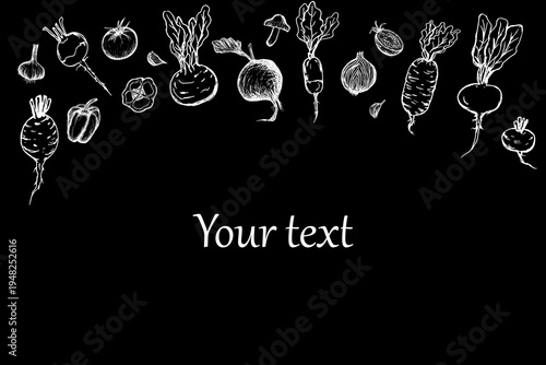 Frame of Vegetables and fruits sketch. Vector sketch on black background, Place for text. Horizontal border of Hand-drawn Harvest. Vegetarian food Vector illustration.