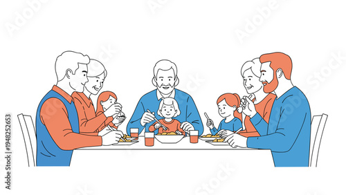 Multi generational family sitting together at a large dining table enjoying a healthy home cooked meal together.
