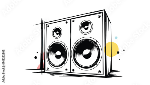 Sketchy drawing of two classic audio speakers with large woofers and small tweeters for high quality stereo sound.