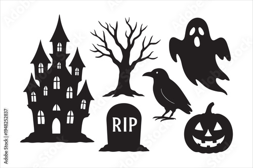 Spooky halloween silhouettes of a castle ghost and other elements