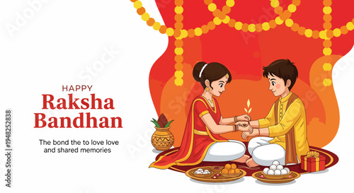 Happy Raksha Bandhan brother and sister celebrating Indian festival tradition tying rakhi with sweets and gifts