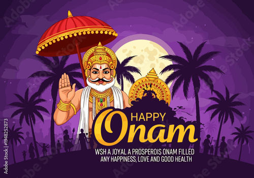 Happy Onam Festival Greeting Illustration Featuring King Mahabali and Palm Trees Under a Full Moon Sky