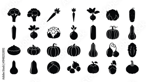 Collection of various vegetables and fruits icons in black silhouette on white background for food illustration and design