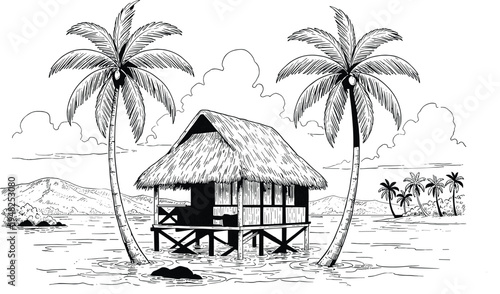 Serene Tropical Hut Scene with Palm Trees, Island Landscape, Rippling Water, Coconut Palms, Thatched Roof, Peaceful Exotic Paradise Illustration