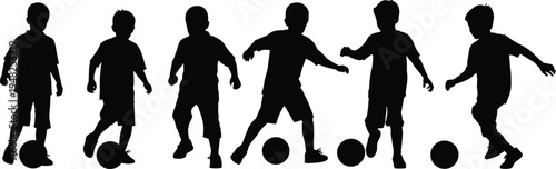 Black silhouettes of boys playing soccer with balls children football