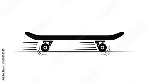 Minimalist black silhouette of a skateboard moving fast with motion lines indicating speed and action sports.