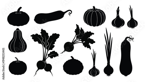A comprehensive collection of vegetable silhouettes featuring various types of produce