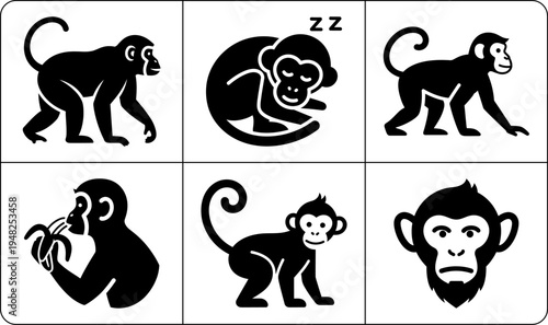 A set of six monkey silhouettes in different poses and expressions, including sleeping, eating, and walking, showcasing various emotions and actions in a simple yet creative design.