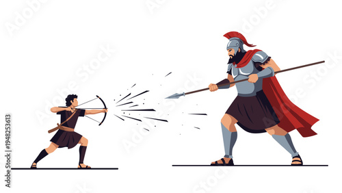 Small archer facing a giant warrior with a spear depicting the classic biblical battle of David and Goliath.