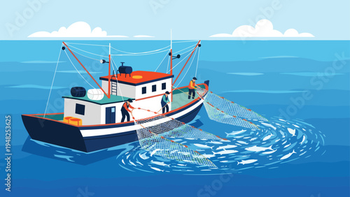Commercial fishing boat on the open sea with crew members working together to pull in large nets filled with fish.