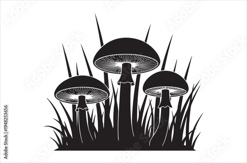 A graphic illustration of three dark mushrooms among tall grass