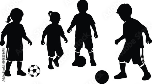 Black silhouettes of children playing soccer with balls kids football