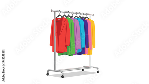 Selection of professional suits and blazers in various bright colors hanging neatly on a silver metal clothing rack.