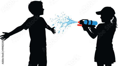 Black silhouettes of children playing with water gun on white background kids playful