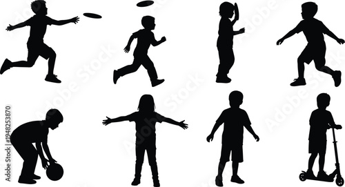 Black silhouettes of children playing with sports equipment kids white background