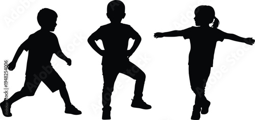 Black silhouettes of children running and posing on white background kids