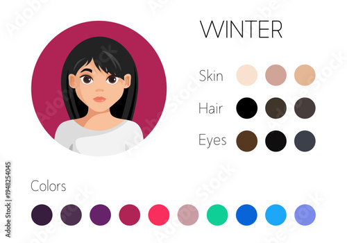 Winter seasonal color analysis palette for woman with cool skin and dark hair