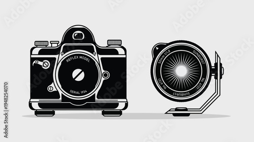 A black and white illustration of a camera and a studio light Vector