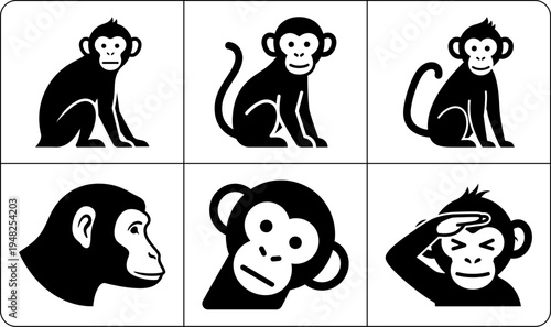 A set of six monkey silhouettes showcasing different poses and expressions, including sitting, standing, and thoughtful gestures, all in black and white.