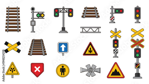 Comprehensive collection of railway signs and symbols used for train safety and track navigation instructions.