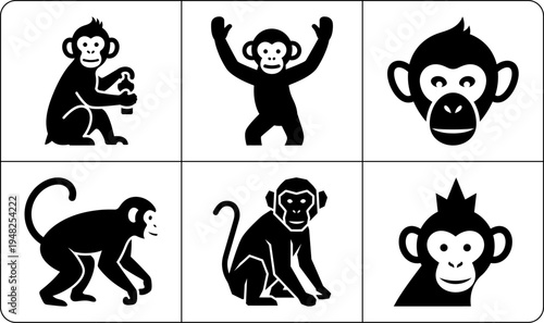 A collection of monkey silhouettes showcasing different poses and expressions, set against a clean white background.